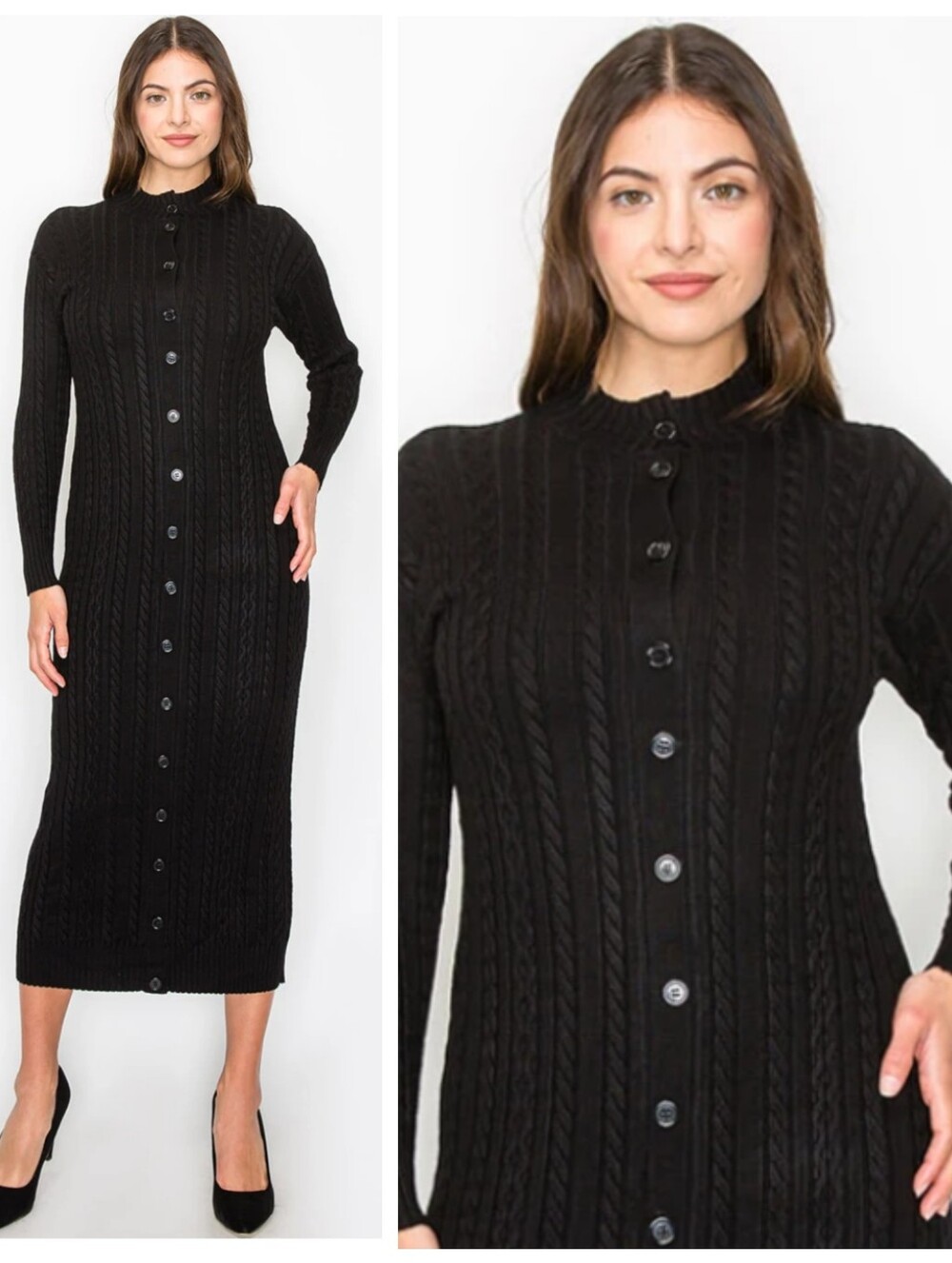 NWT YAL New York Black Cable Knit Button-Down Dress Women's Large Minimalist NEW